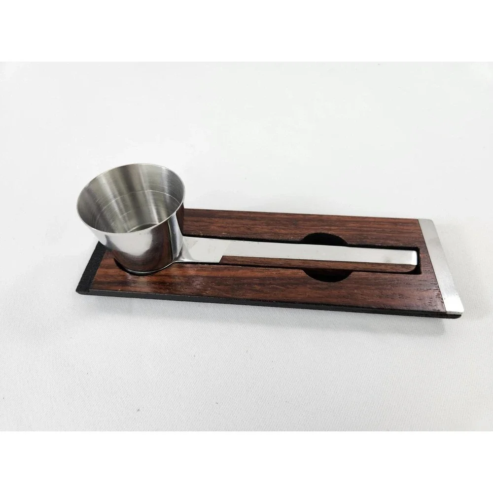 Vintage MCM Barware Cocktail Jigger Pourer Wooden Steel Handle Bar Holder Japan